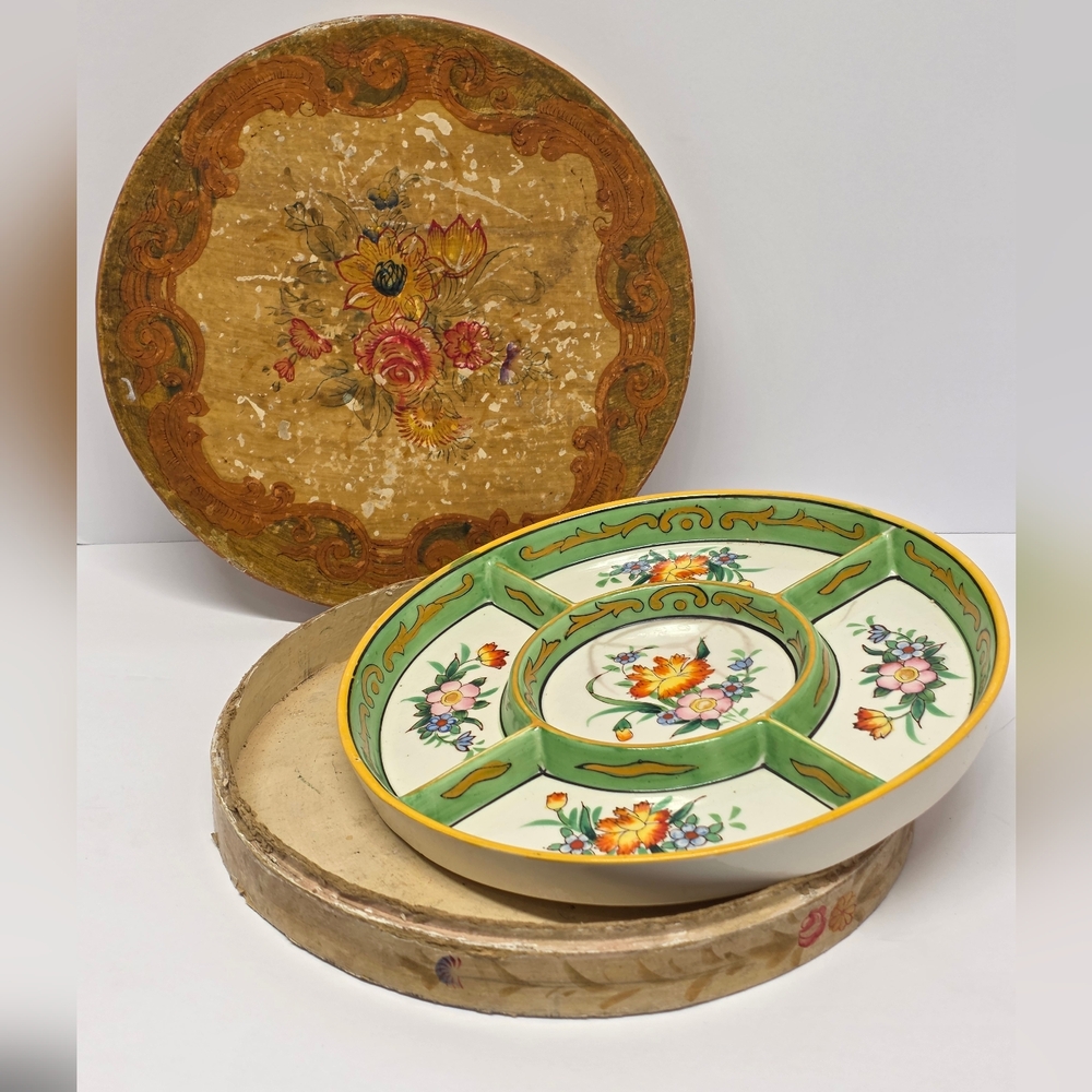 Moriyama Mori-Machi Green/Cream Floral Porcelain Divided Serving Platter